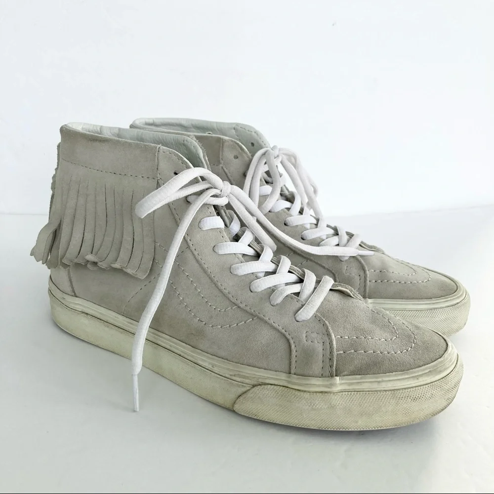 Rare VANS Light Gray Sk8 Hi Moccasin Fringe Suede Sneakers Size 8_5